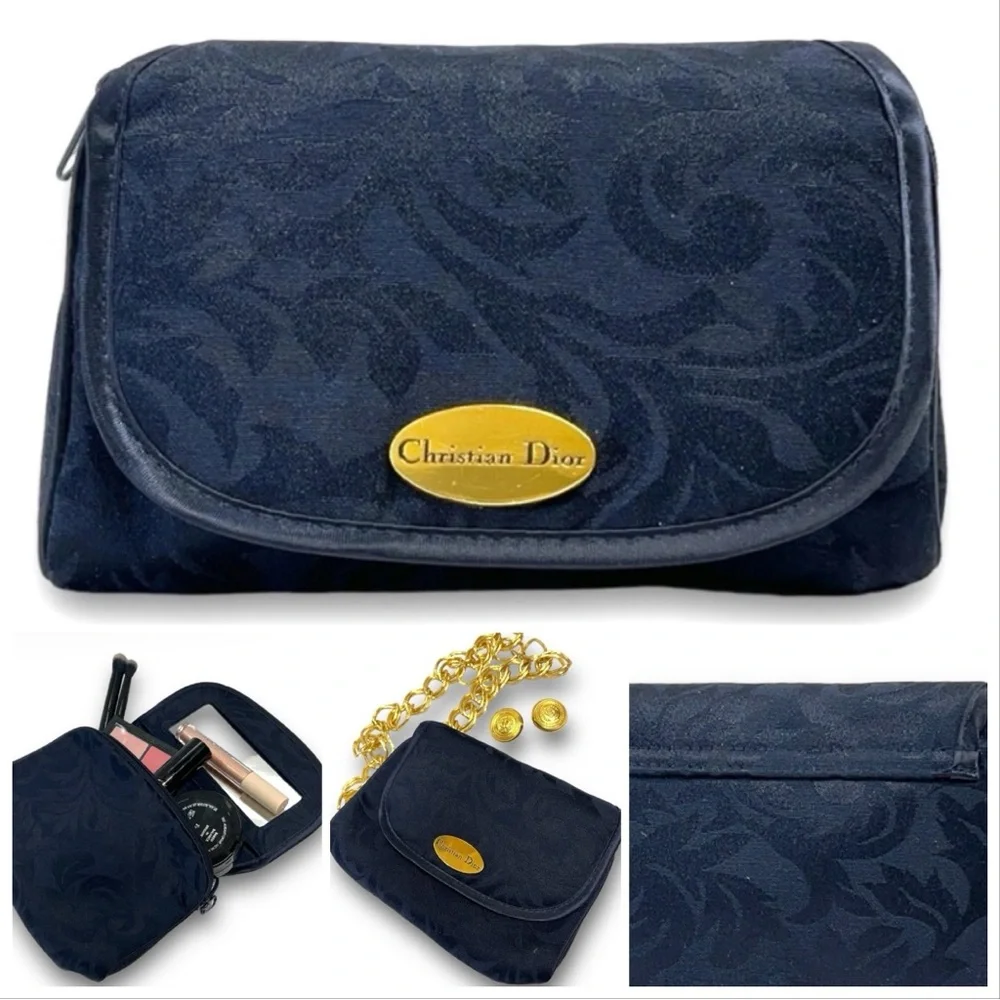 DIOR Midnight Blue Damask Cosmetic/Jewelry Bag Gold Tone Logo